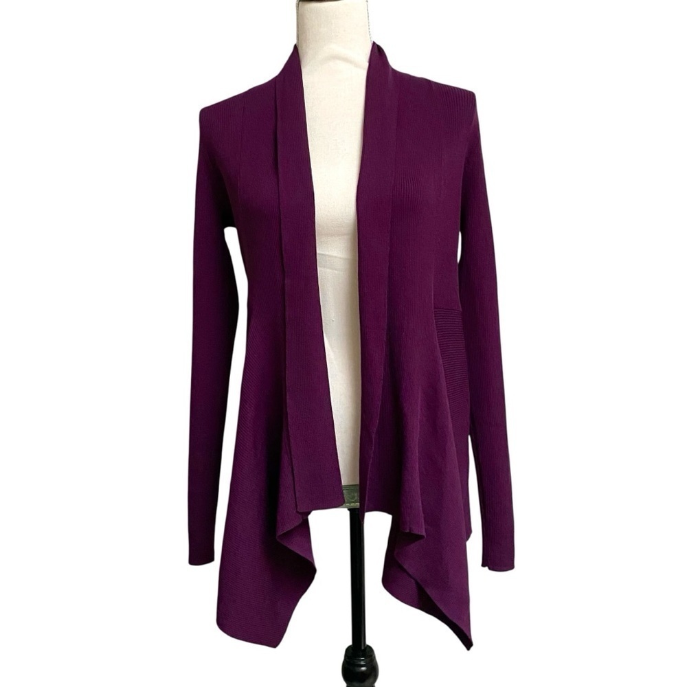Express Small Eggplant Purple Waterfall Open Front Ribbed Knit Cardigan